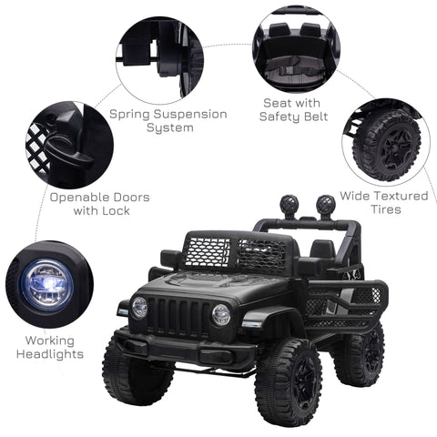 Black homcom kids electric ride on jeep with extra-wide tyres, seat belt, working headlights, and long run time