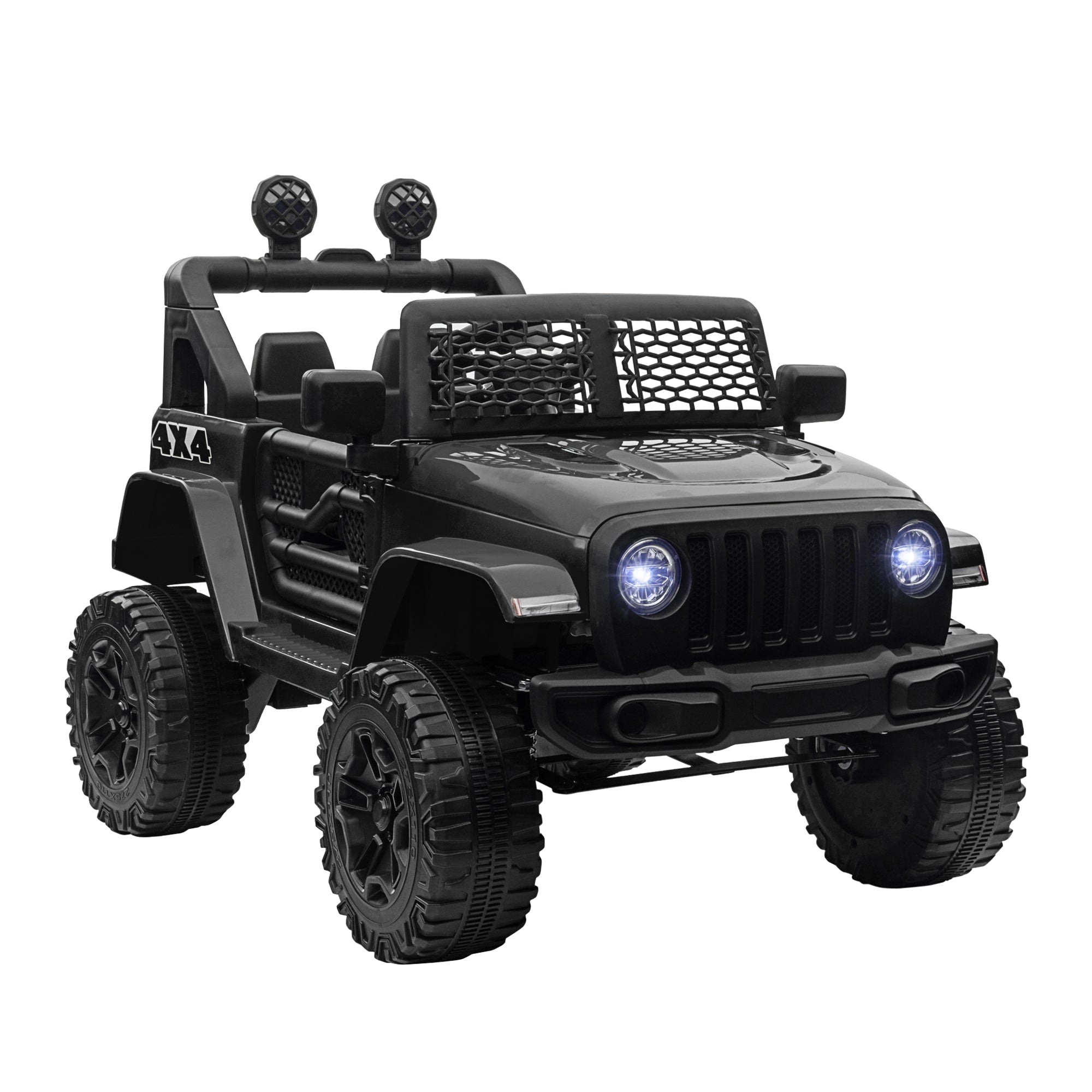 Black homcom kids electric ride on jeep with extra-wide tyres seat belt remote control and illuminated headlights