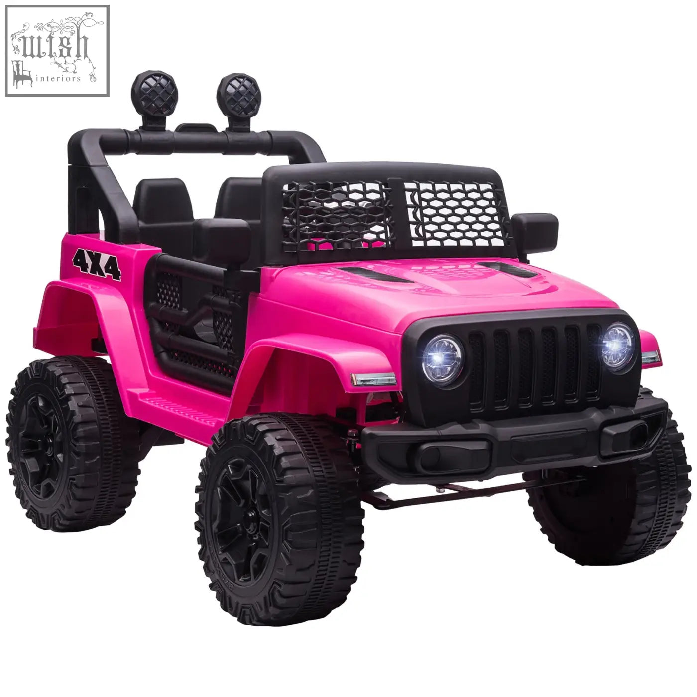 Bright pink and black homcom kids electric jeep with extra-wide tyres, seat belt, remote control, and illuminated headlights