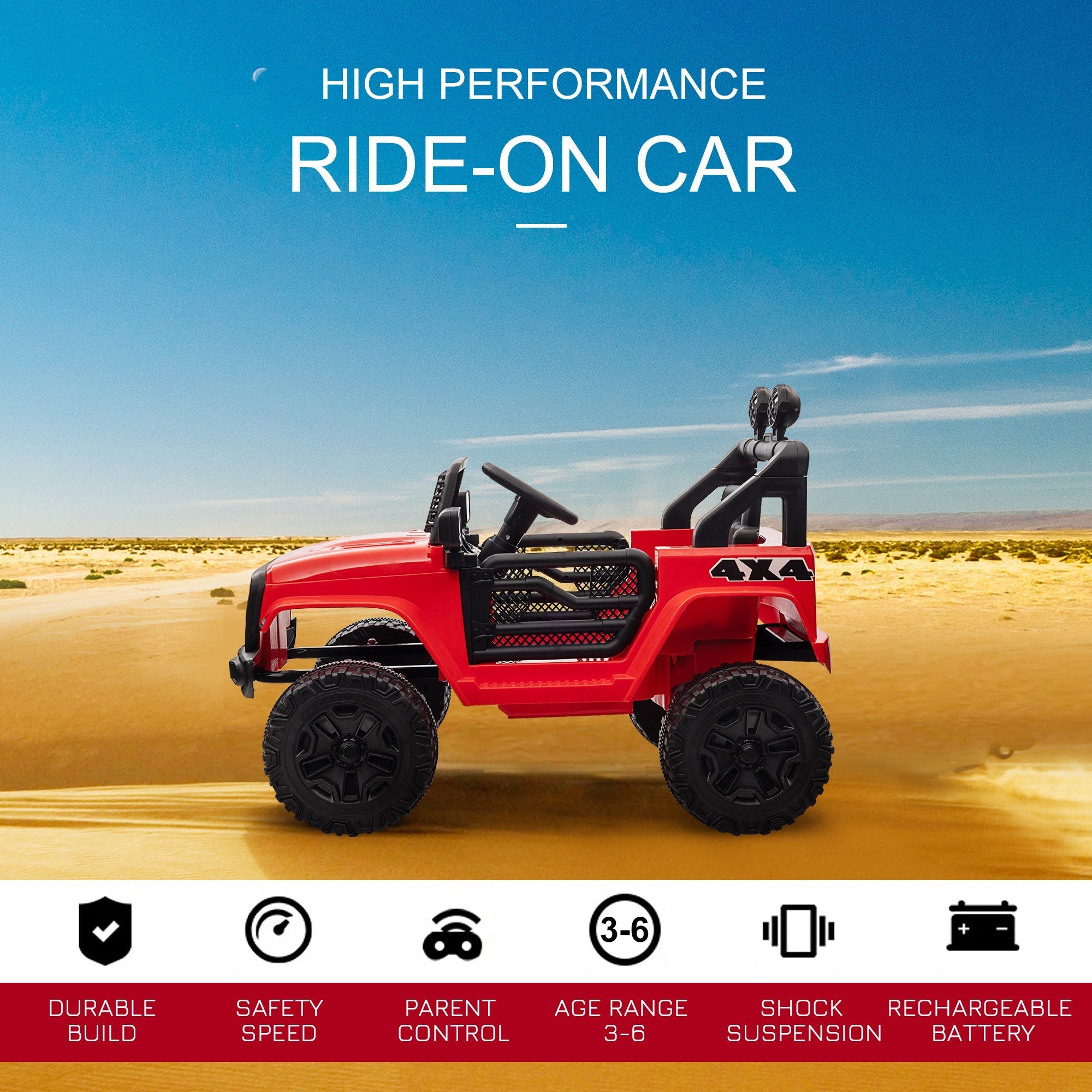 Red HOMCOM kids electric ride-on car with seat belt, extra-wide tyres, mesh panels, and long run time for ages 3-6