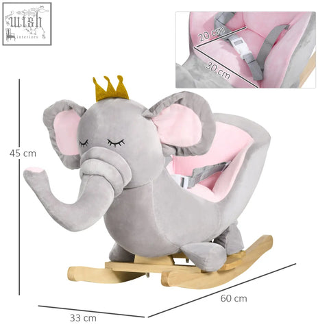 Gray plush elephant rocking horse with wooden base 60l x 33wcm pink lining and gold crown for toddlers