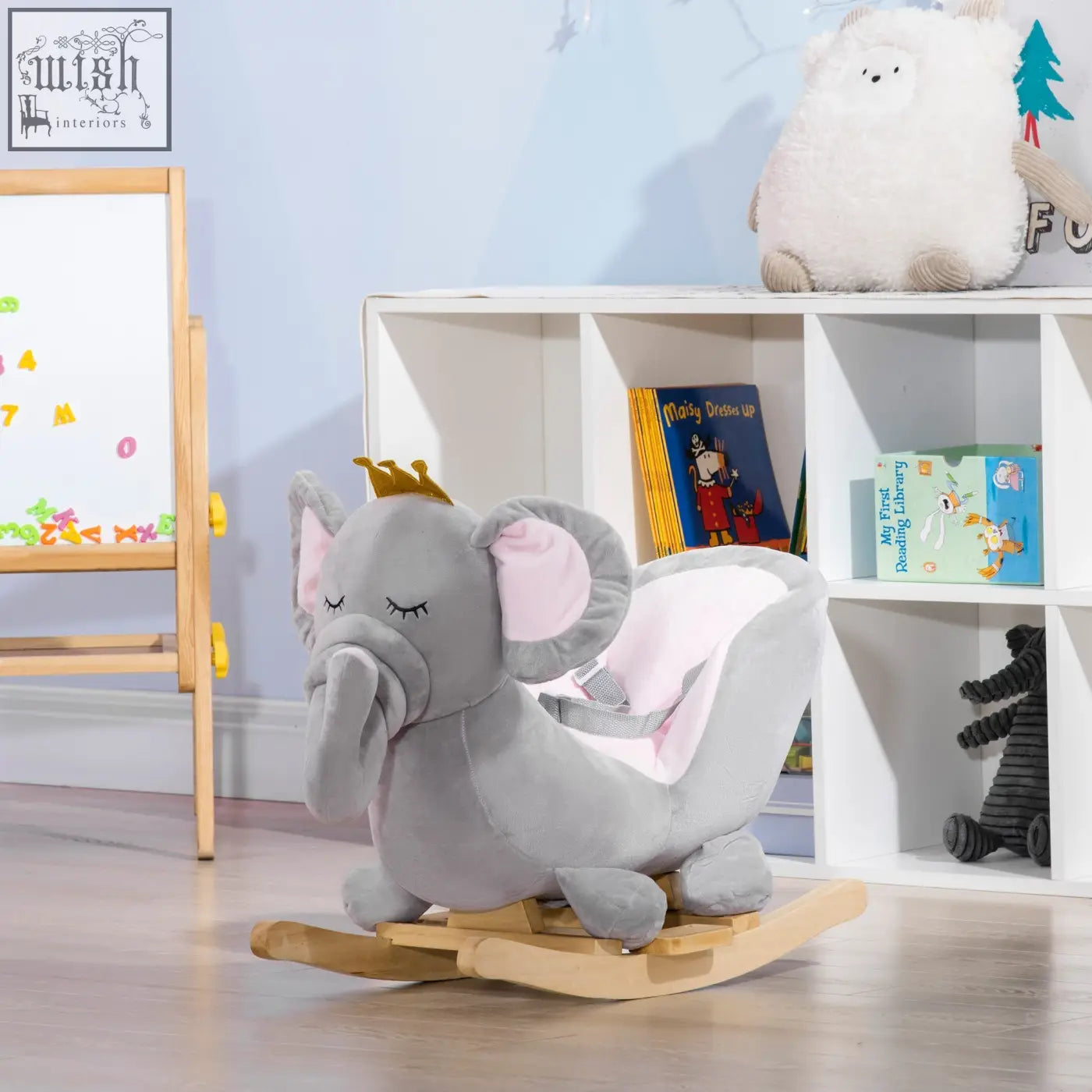 Gray plush elephant rocking horse with pink lining gold crown wooden base safety belt 60l x 33wcm for toddlers