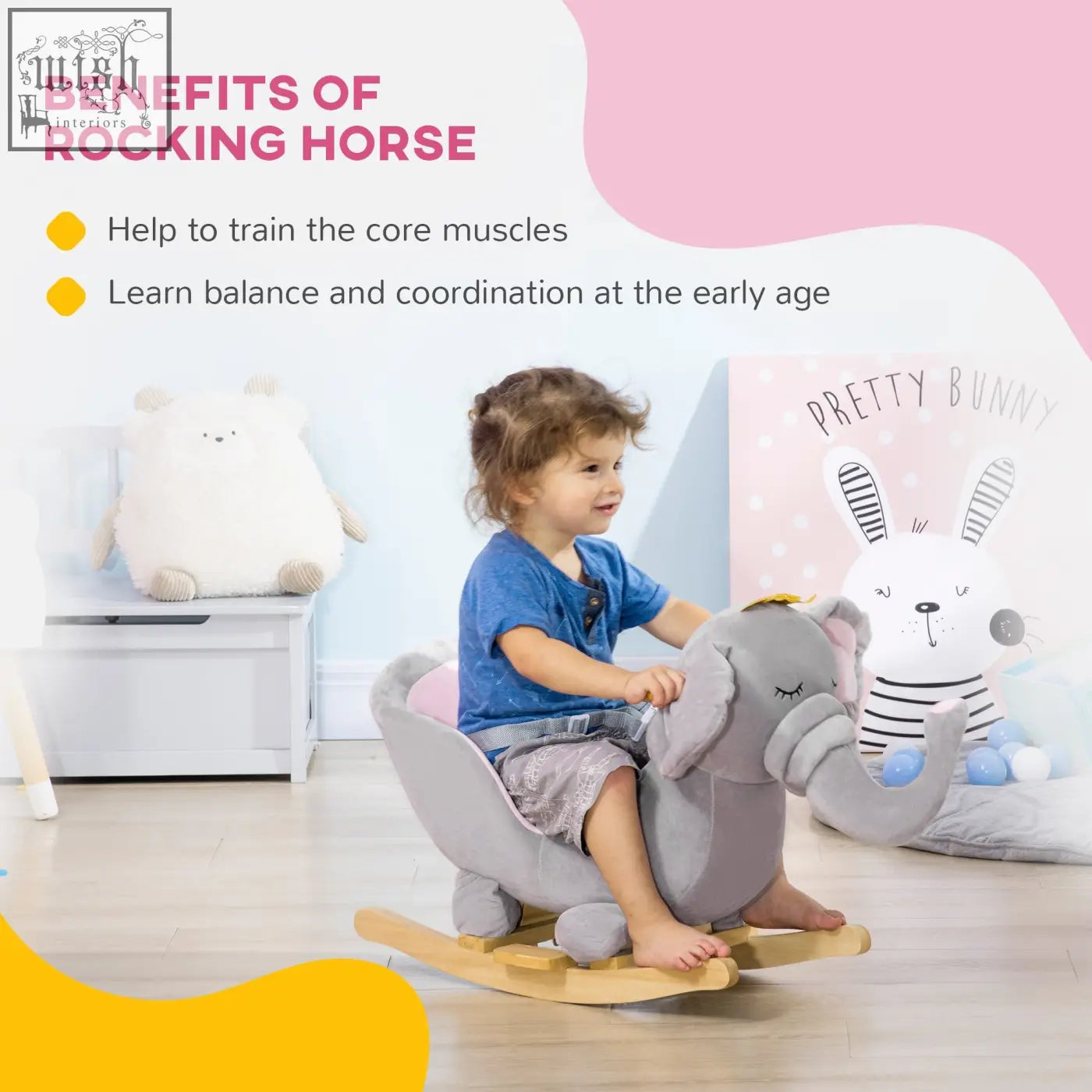 Gray plush elephant rocking horse with wooden base 60l x 33wcm and safety belt for kids 18-36 months