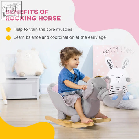 Gray plush elephant rocking horse with wooden base 60l x 33wcm and safety belt for kids 18-36 months