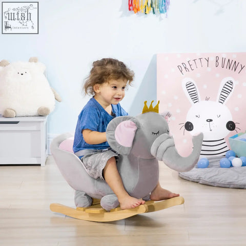 Gray plush elephant rocking horse with wooden base and safety belt for toddlers 18-36 months 60l x 33wcm
