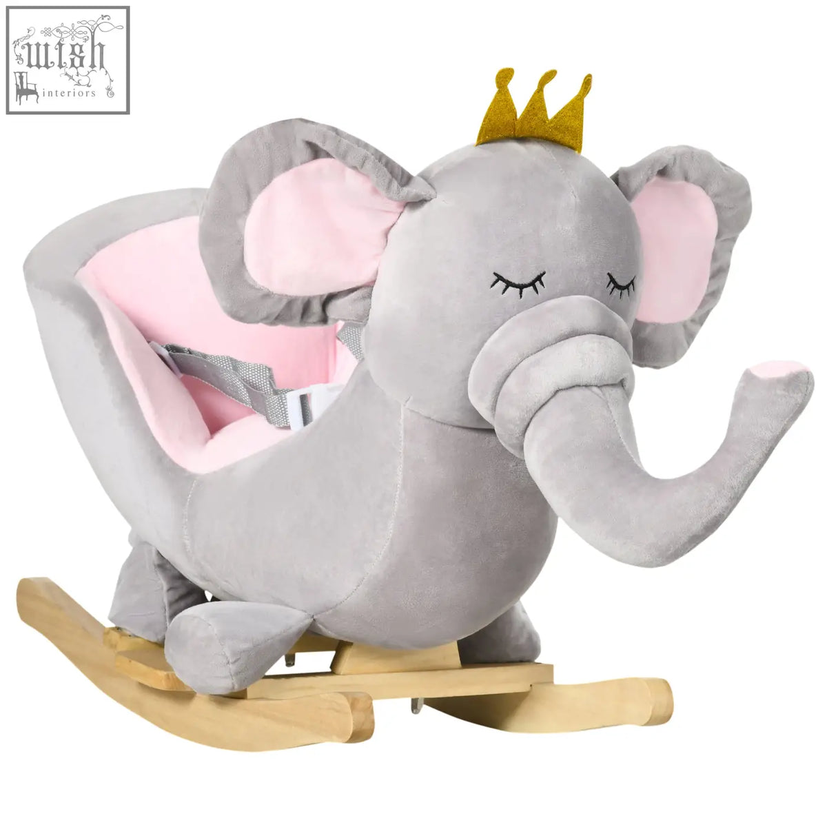 Gray plush elephant rocking horse with pink lining and gold crown on wooden base 60l x 33wcm for toddlers