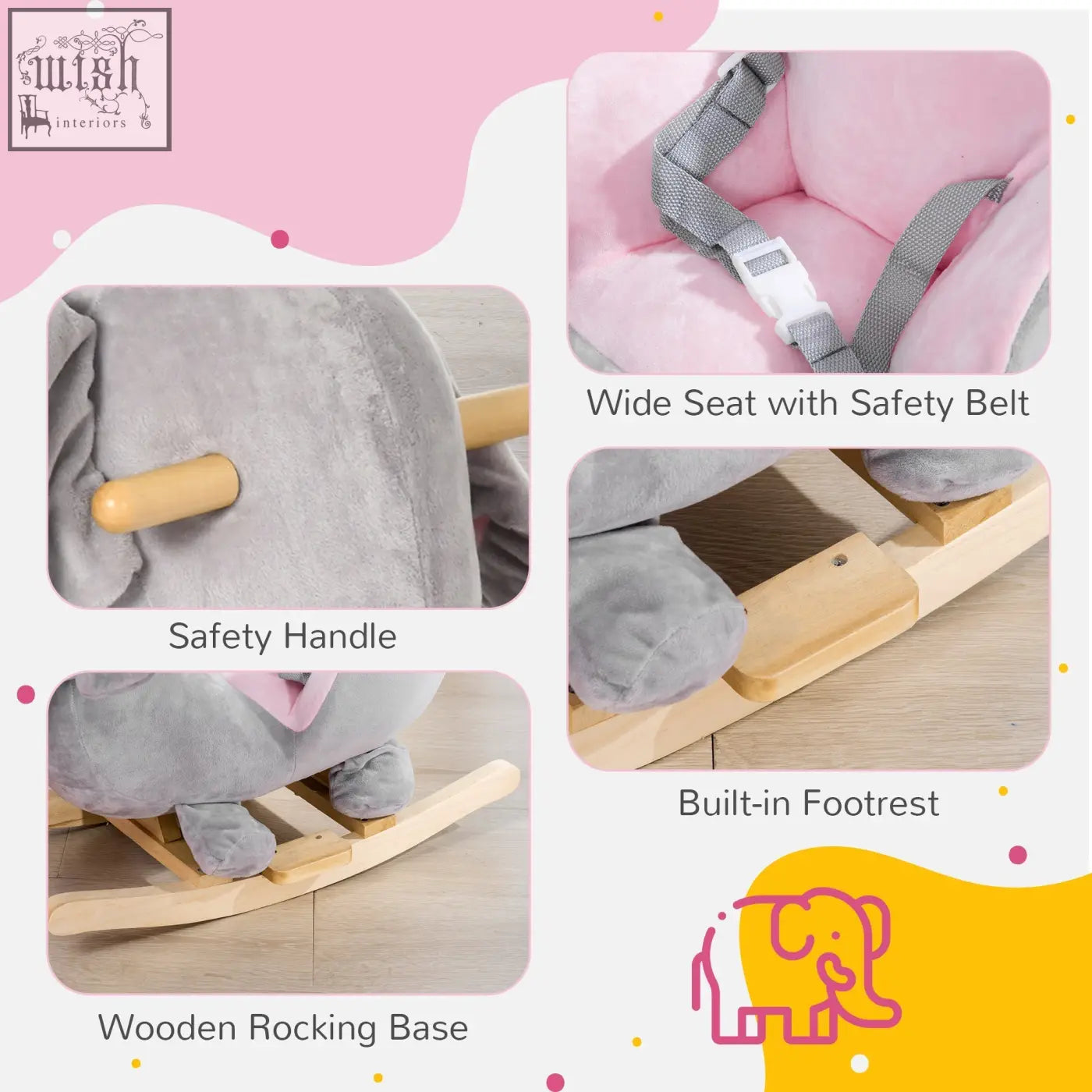 Pink and gray plush elephant rocking horse with wooden base and safety belt for kids 18-36 months 60l x 33wcm