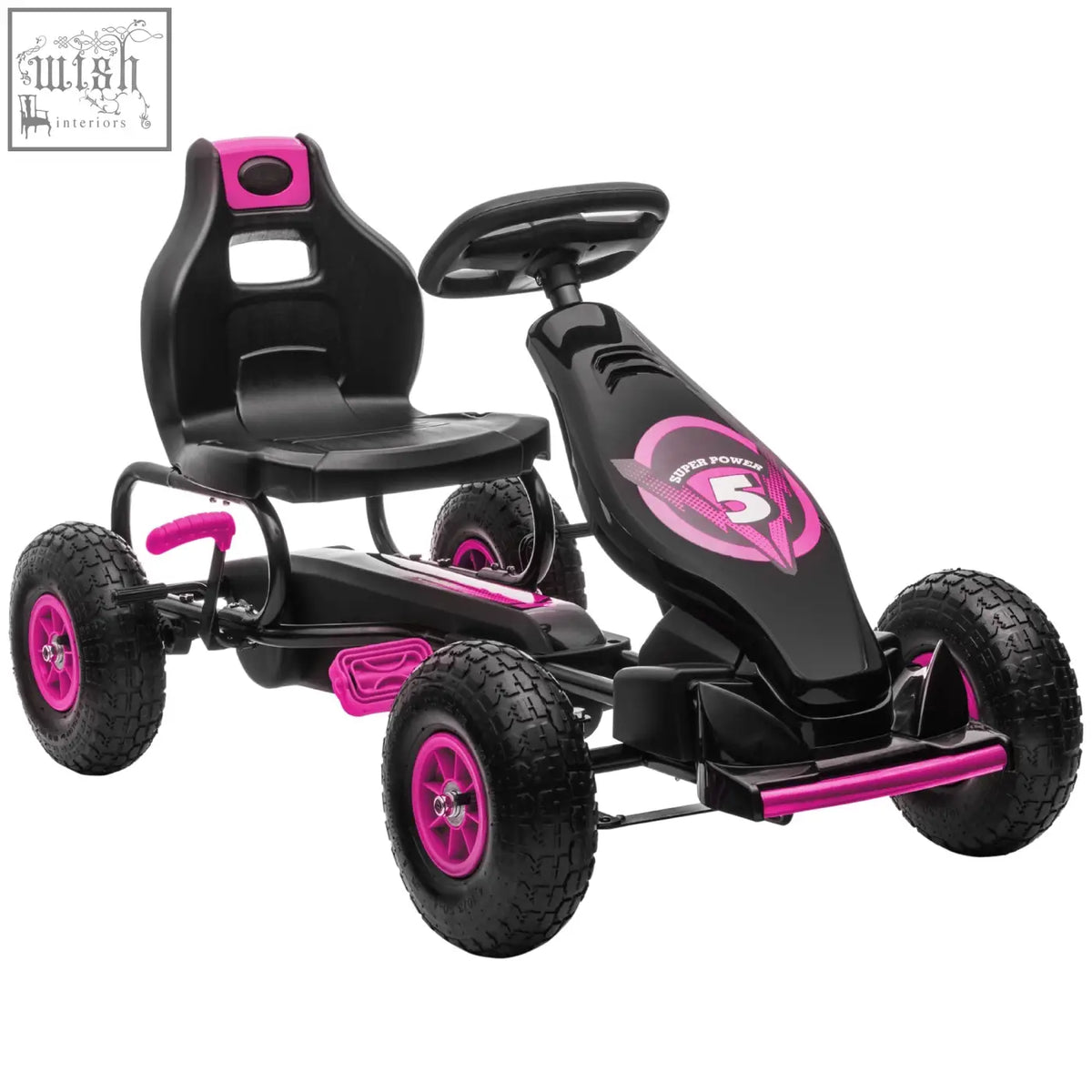 Homcom kids pink pedal go kart with adjustable seat and rubber wheels featuring super power 5 branding on the side