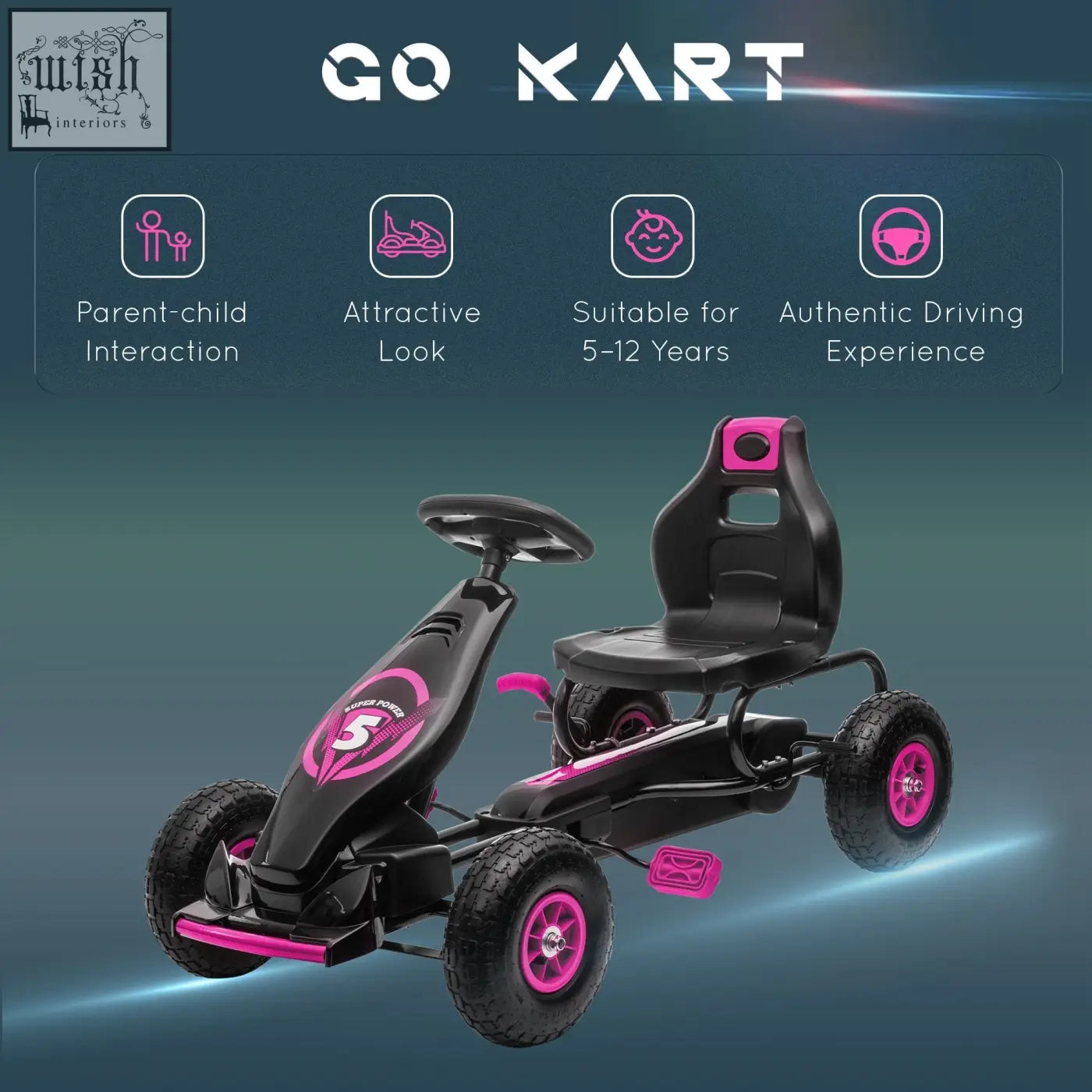 Homcom kids pedal go kart in black and pink with adjustable seat and rubber wheels for a sporty ride