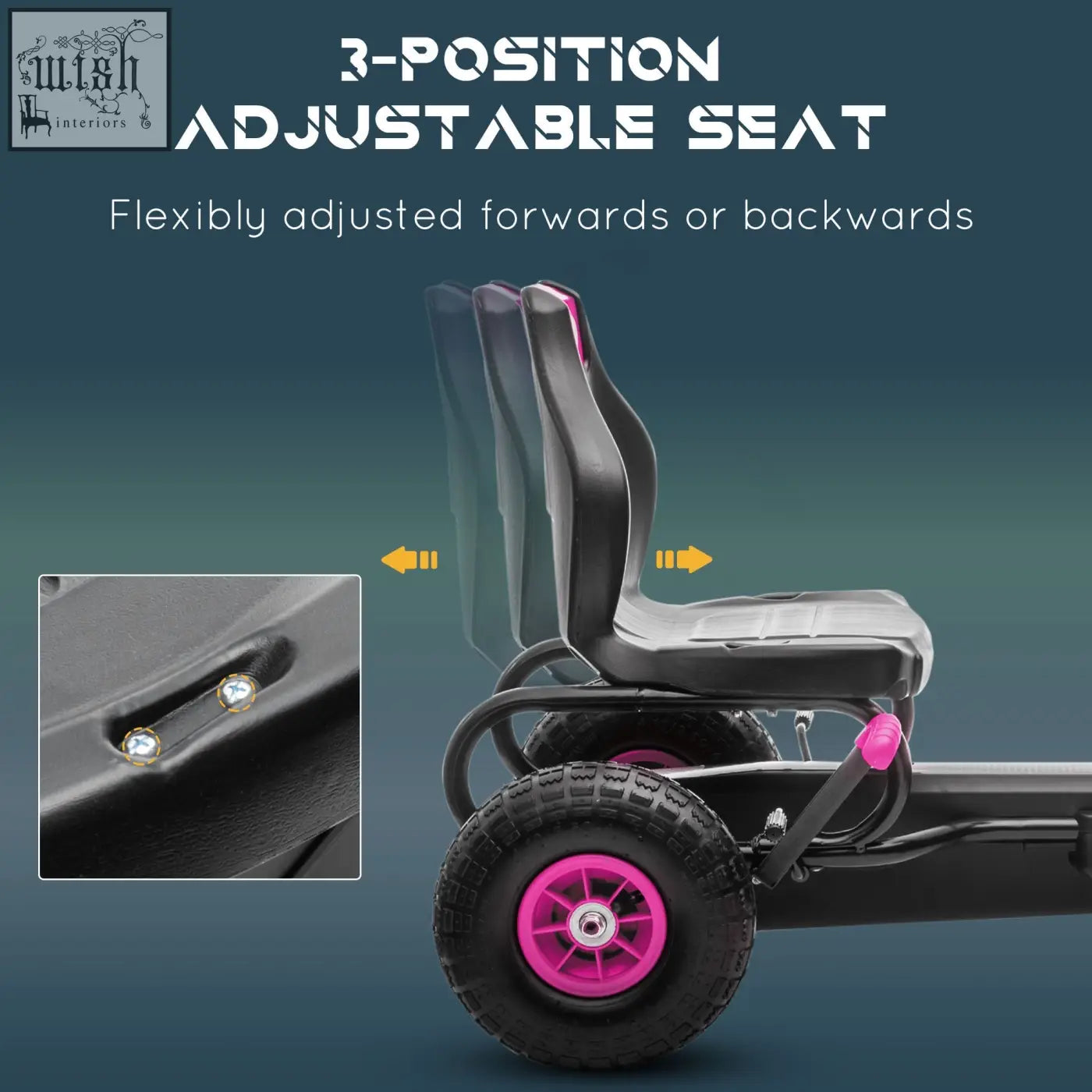Black and pink homcom kids pedal go kart with adjustable seat and rubber wheels for a comfy ride
