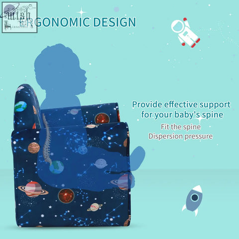 Blue homcom kids planet-themed armchair with wooden frame, non-slip feet, and cool space planet and star patterns