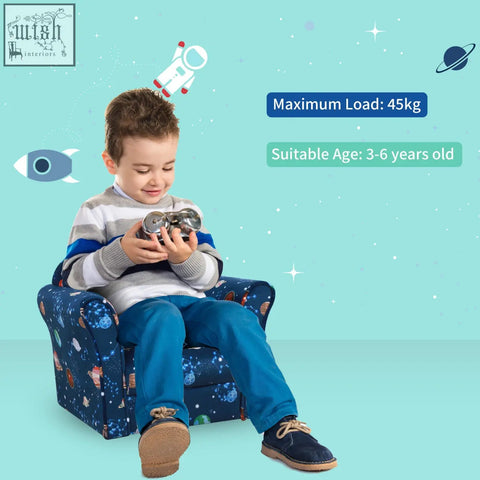 Blue kids planet-themed armchair with wooden frame, slip feet, and cool space patterns for a fun room addition