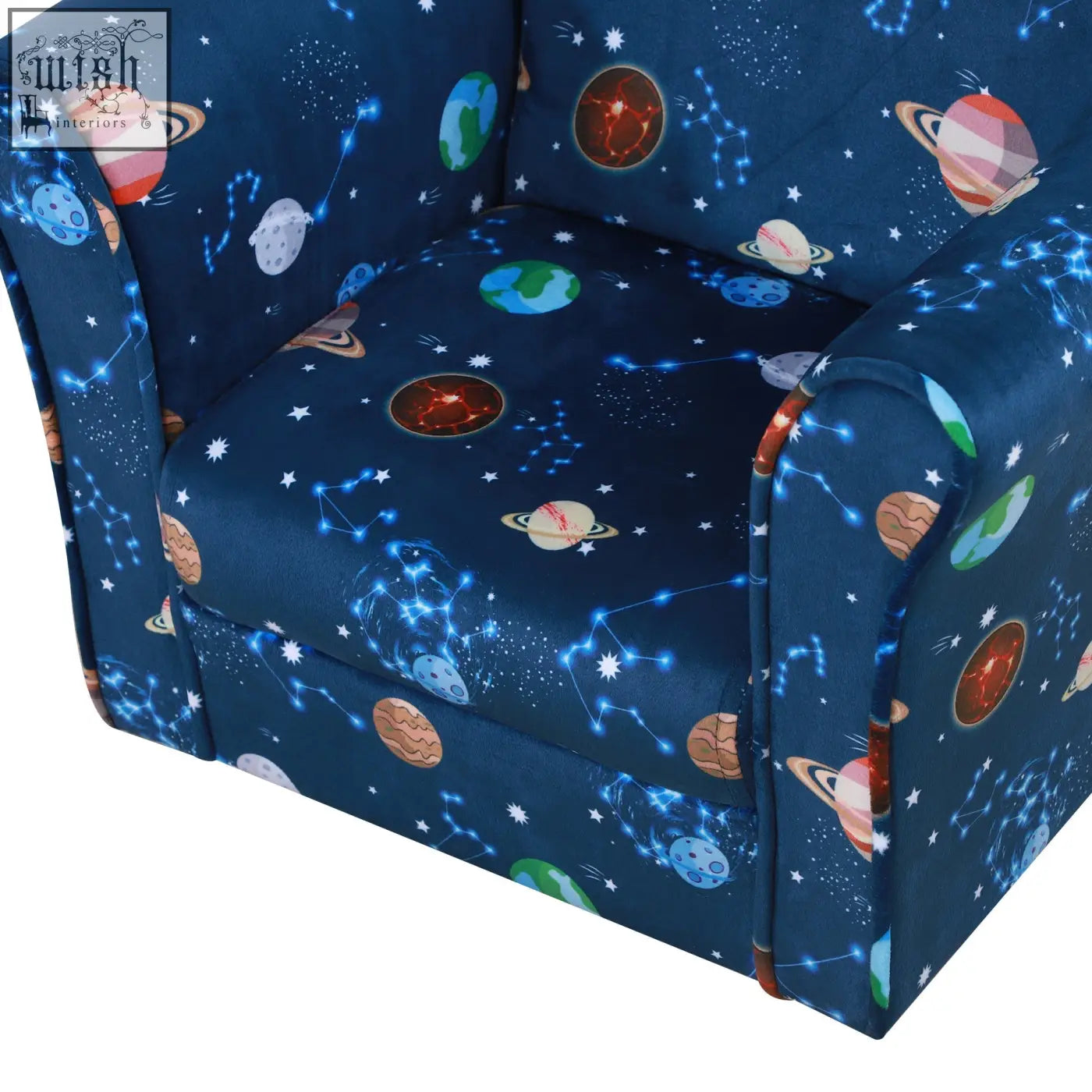 Navy blue kids armchair with wooden frame and non-slip feet featuring a cool space-themed fabric pattern