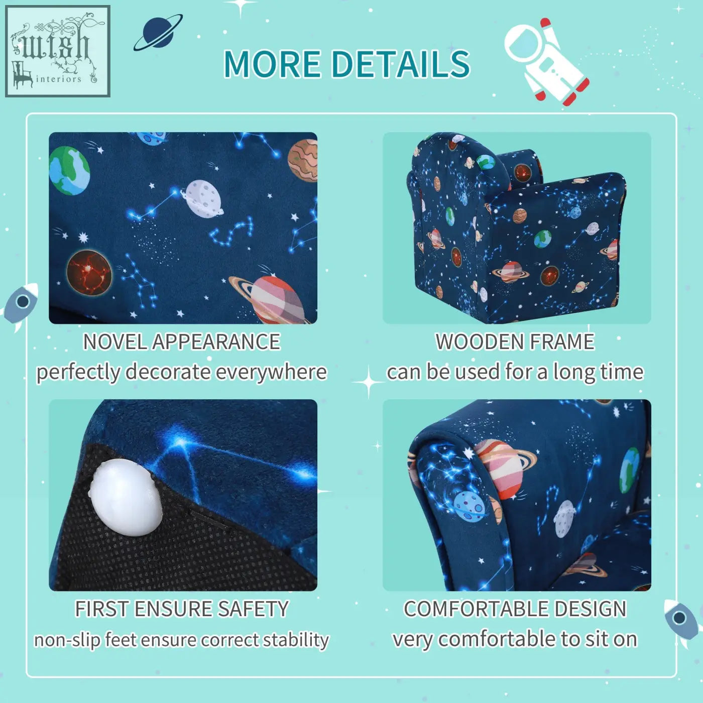 Blue homcom kids planet-themed armchair with wooden frame and slip feet is a cool addition for space lovers