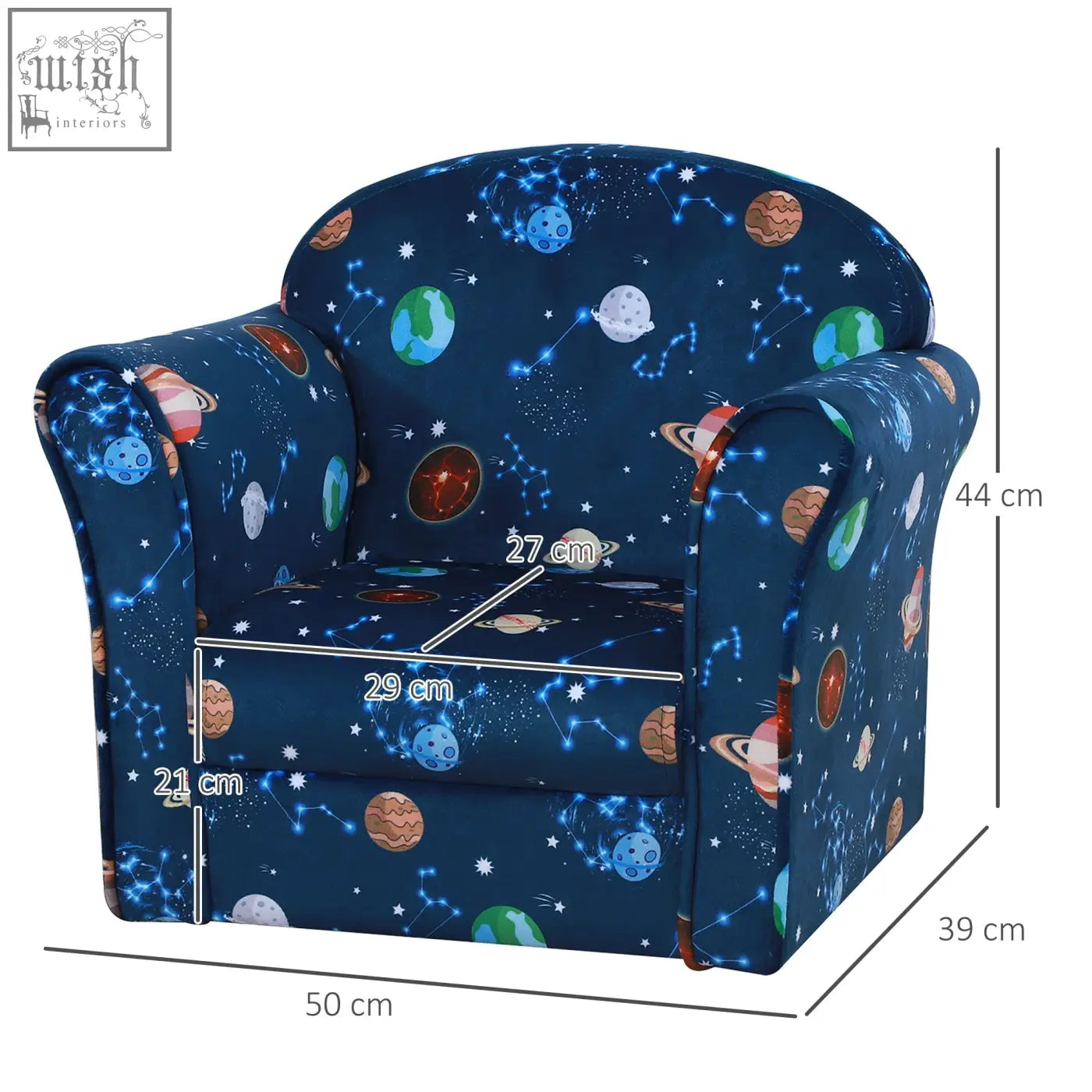 Navy blue kids armchair with wooden frame and non slip feet featuring a cool space themed fabric pattern