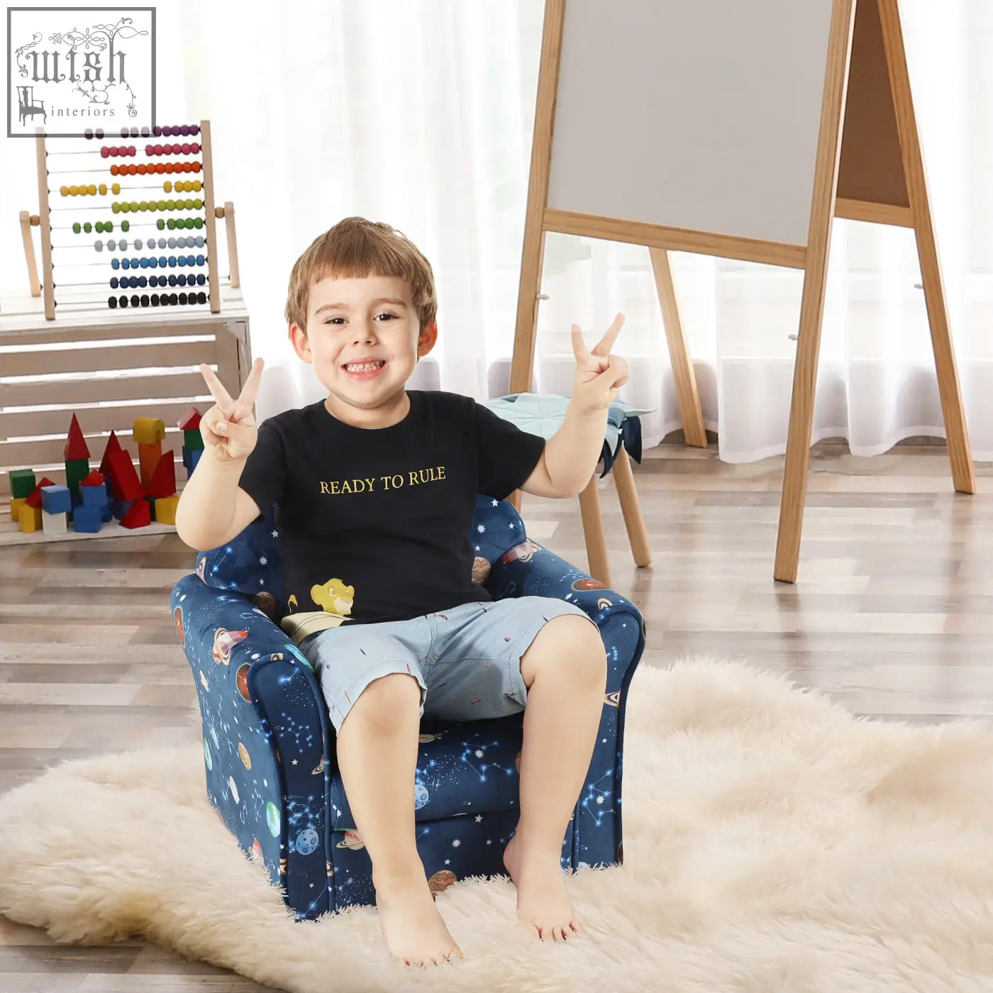Blue homcom kids planet-themed armchair with wooden frame non-slip feet and cool space pattern design