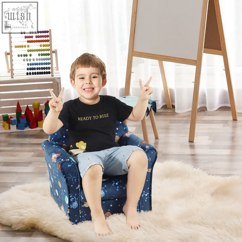 Blue homcom kids planet-themed armchair with wooden frame non-slip feet and cool space pattern design