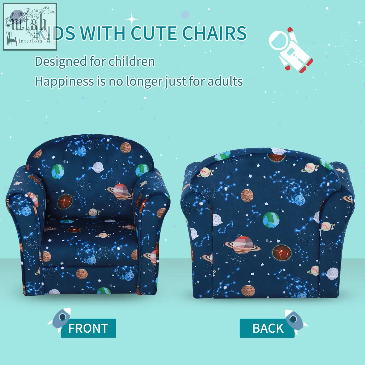 Navy blue homcom kids armchair with wooden frame and cool space theme fabric featuring planets and stars