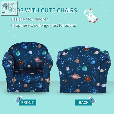 Navy blue homcom kids armchair with wooden frame and cool space theme fabric featuring planets and stars