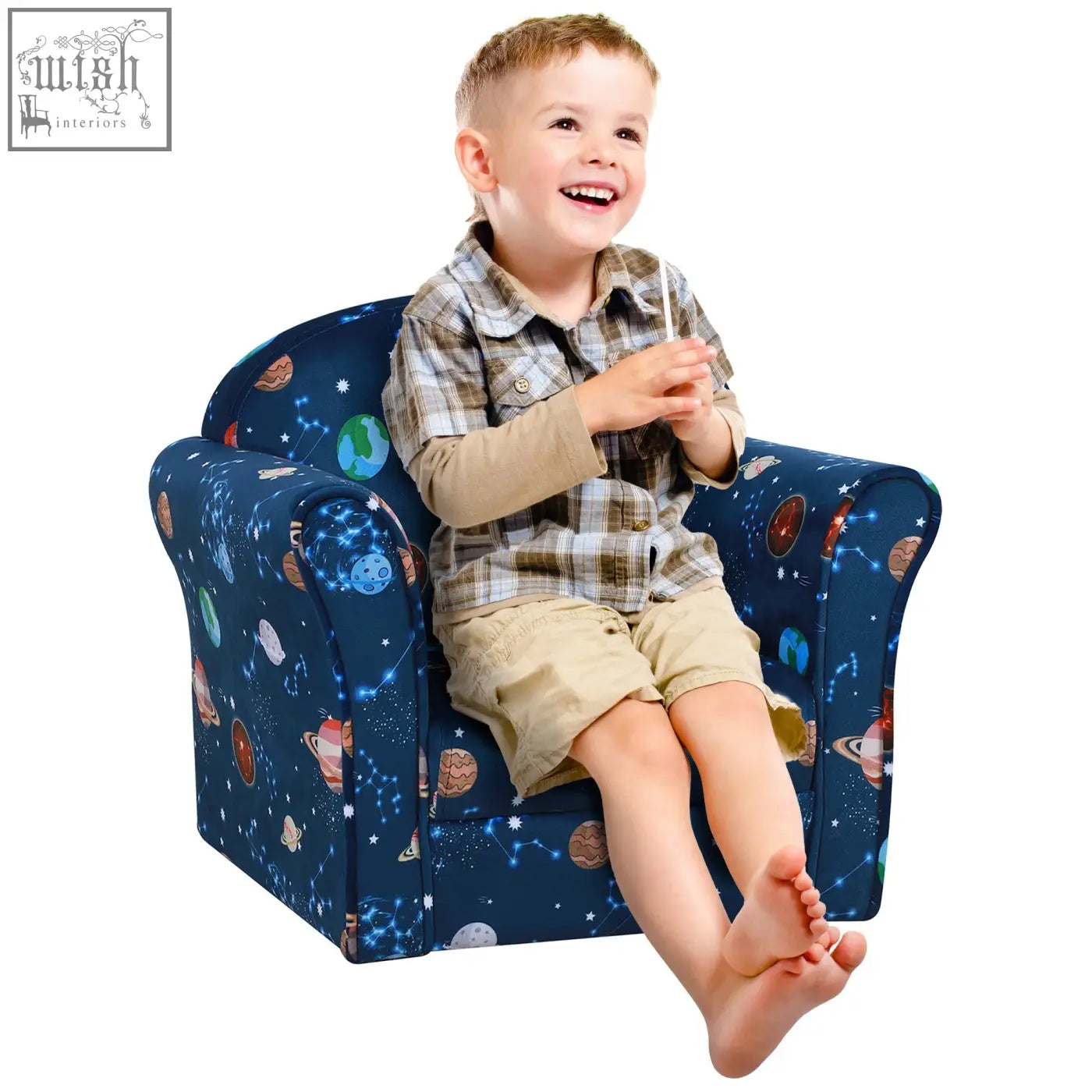 Homcom kids planet-themed armchair in blue with wooden frame slip feet and cool addition of planet star patterns