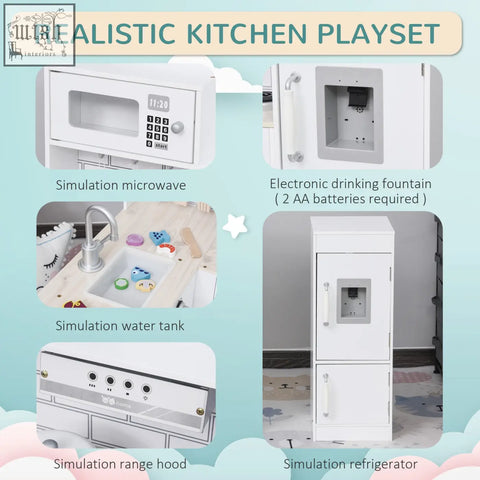White plastic kitchen playset by homcom helps develop fine motor skills with microwave fridge and drinking fountain features