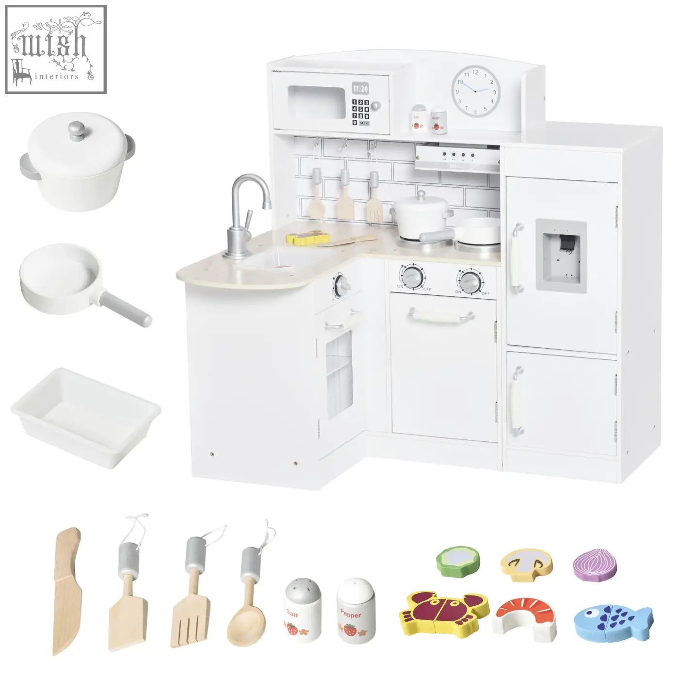 White wooden kitchen playset by HOMCOM with microwave sink oven and fridge helps develop fine motor skills