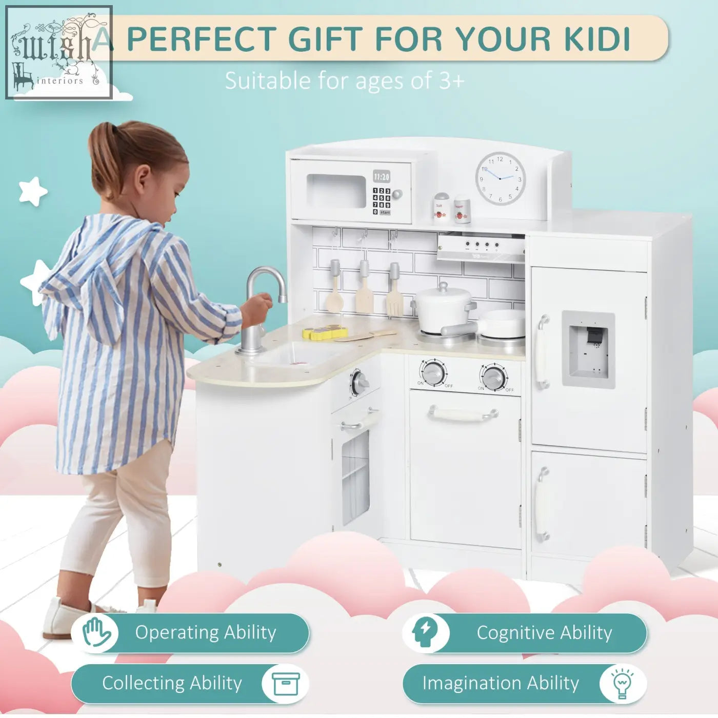 White wooden kitchen playset by homcom with microwave sink stove and fridge helps develop fine motor skills