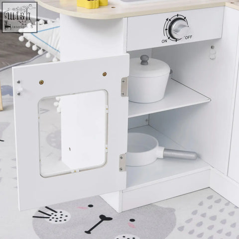 White wooden homcom kitchen playset with clear window door and silver knobs helps develop fine motor skills