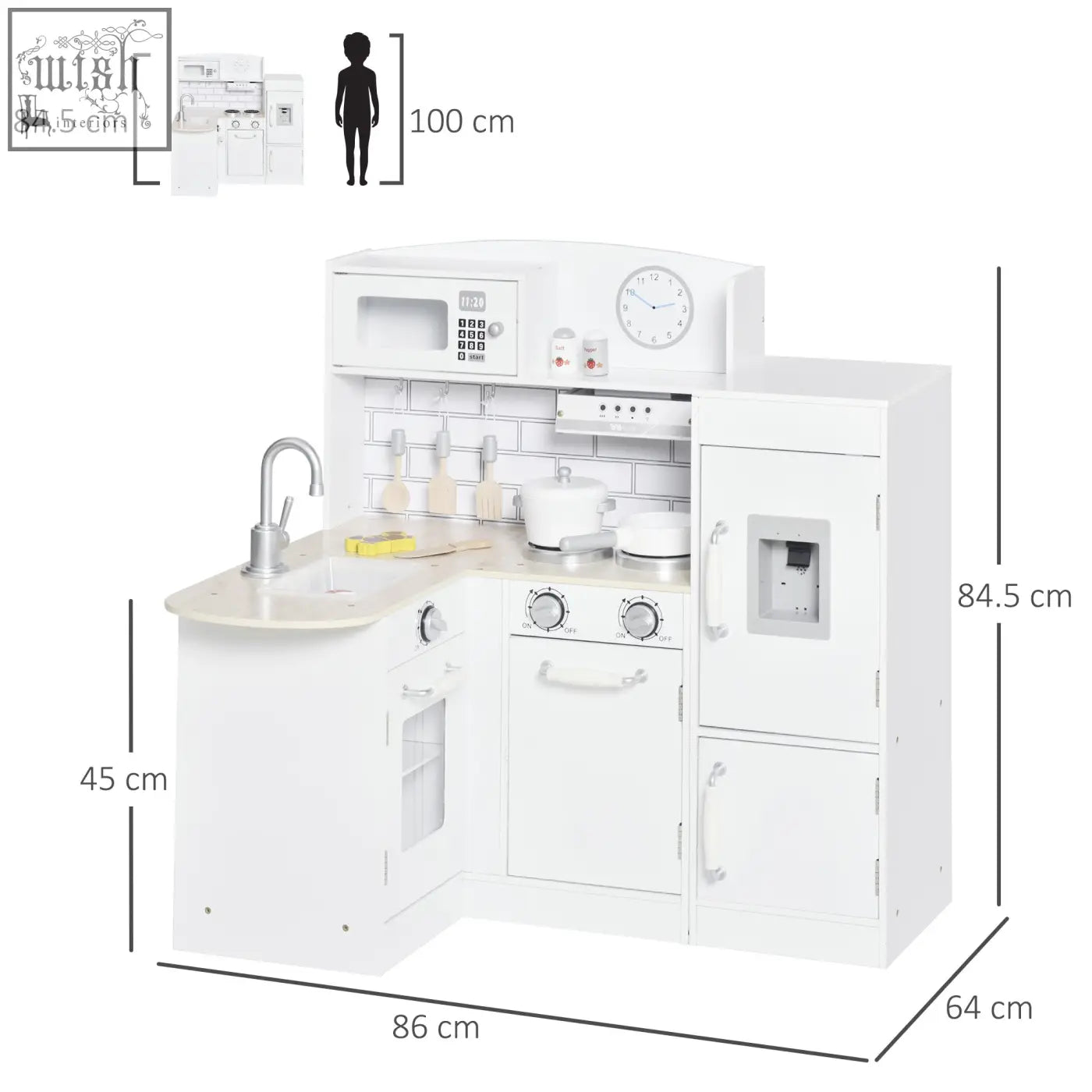 White wooden kitchen playset with microwave sink stove and fridge that helps develop fine motor skills for kids