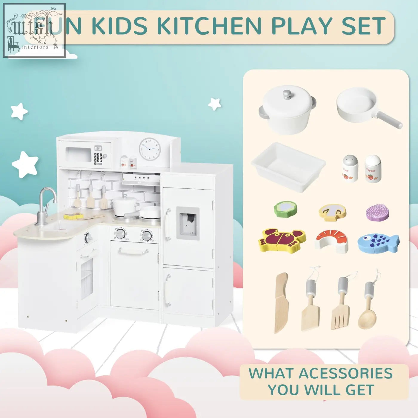 White wooden kitchen playset by HOMCOM with microwave stove sink fridge helps develop fine motor skills