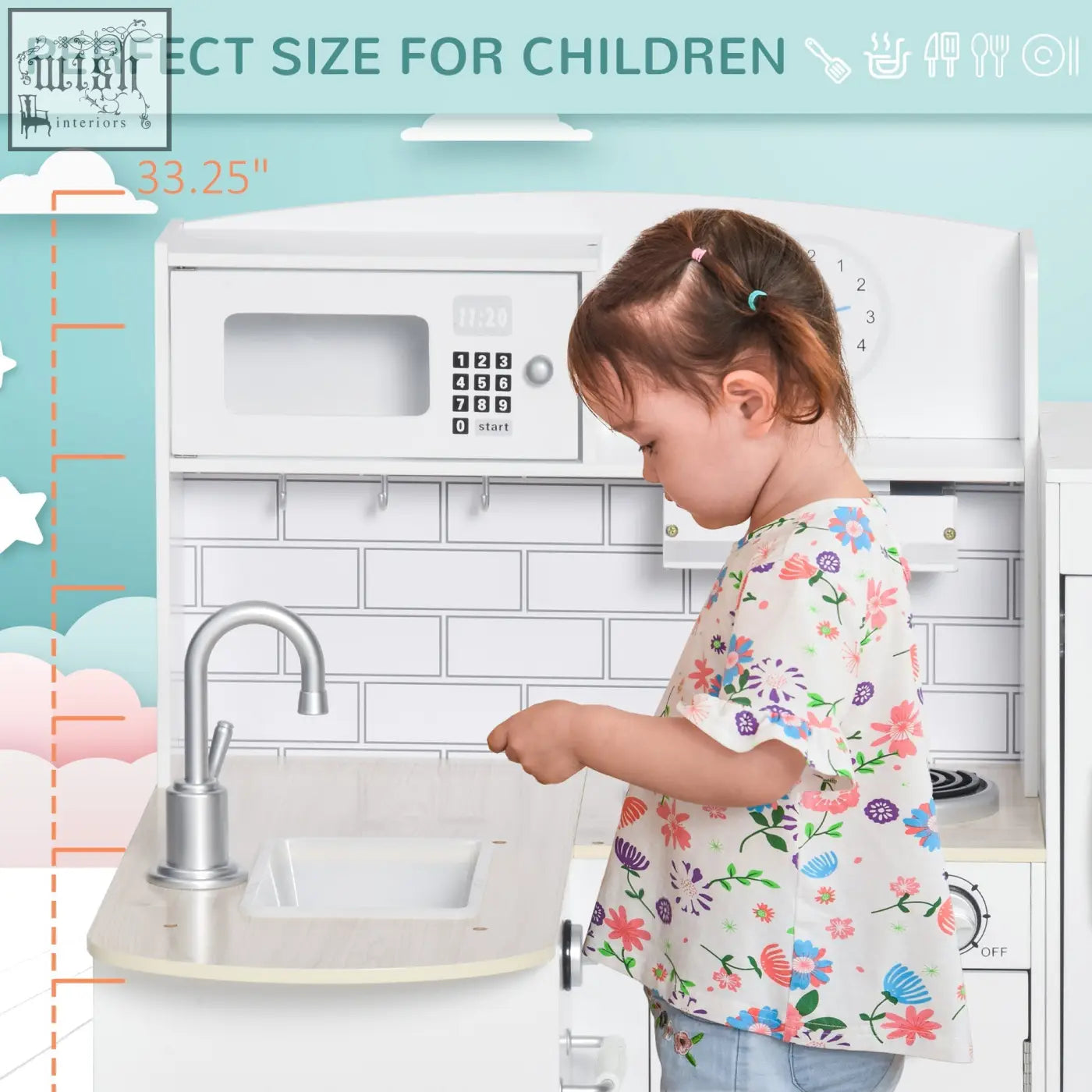 White wooden kitchen playset with silver faucet sink microwave oven clock helps develop fine motor skills