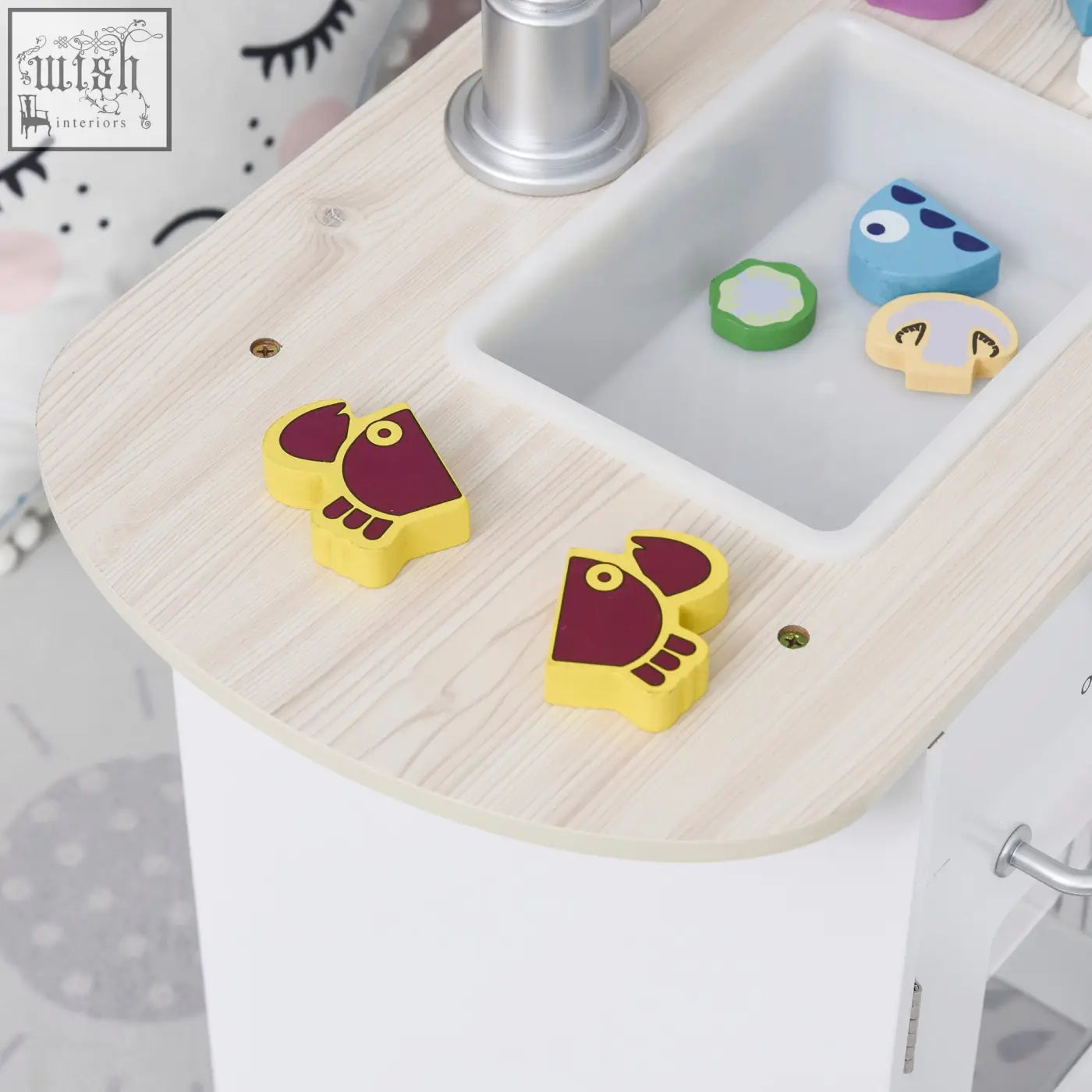 Yellow and maroon wooden bird-shaped toys from homcom kitchen playset that helps develop fine motor skills