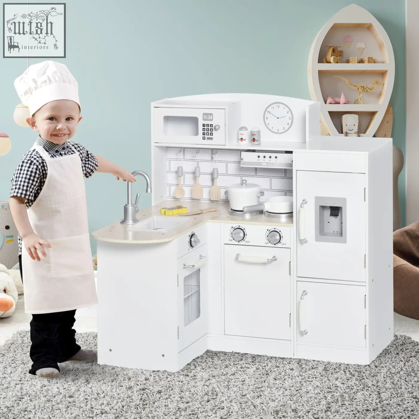 White wooden kitchen playset from HOMCOM with microwave sink stove fridge helps develop fine motor skills