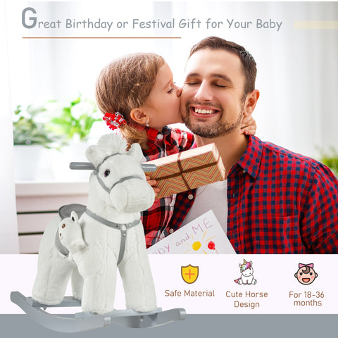 White plush rocking horse with gray harness and base featuring a cute baby horse design to sit comfortably