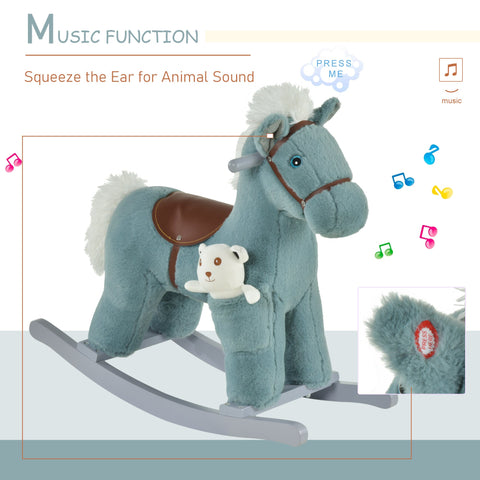 Blue homcom plush rocking horse with brown saddle and attached bear lets kids sit comfortably and enjoy realistic sounds
