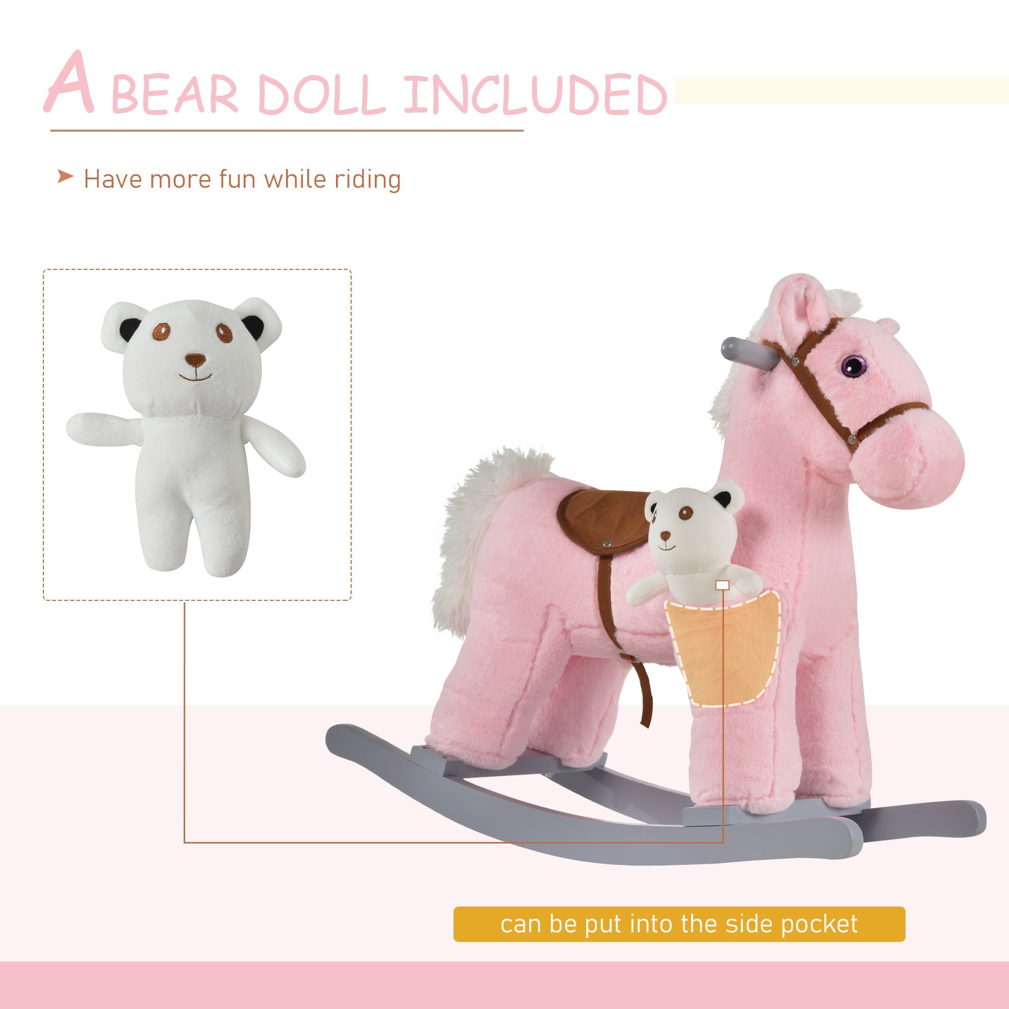 Pink plush rocking horse with brown saddle and side pocket holding white bear doll for kids to sit comfortably