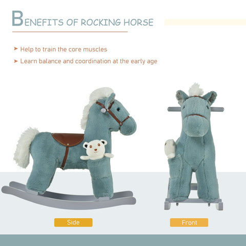 Homcom kids plush teal rocking horse with brown saddle and bear toy lets toddlers sit comfortably and enjoy realistic sounds