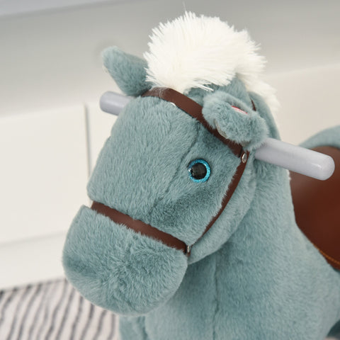 Homcom kids plush teal rocking horse with white mane and brown bridle lets toddlers sit comfortably and enjoy realistic sounds