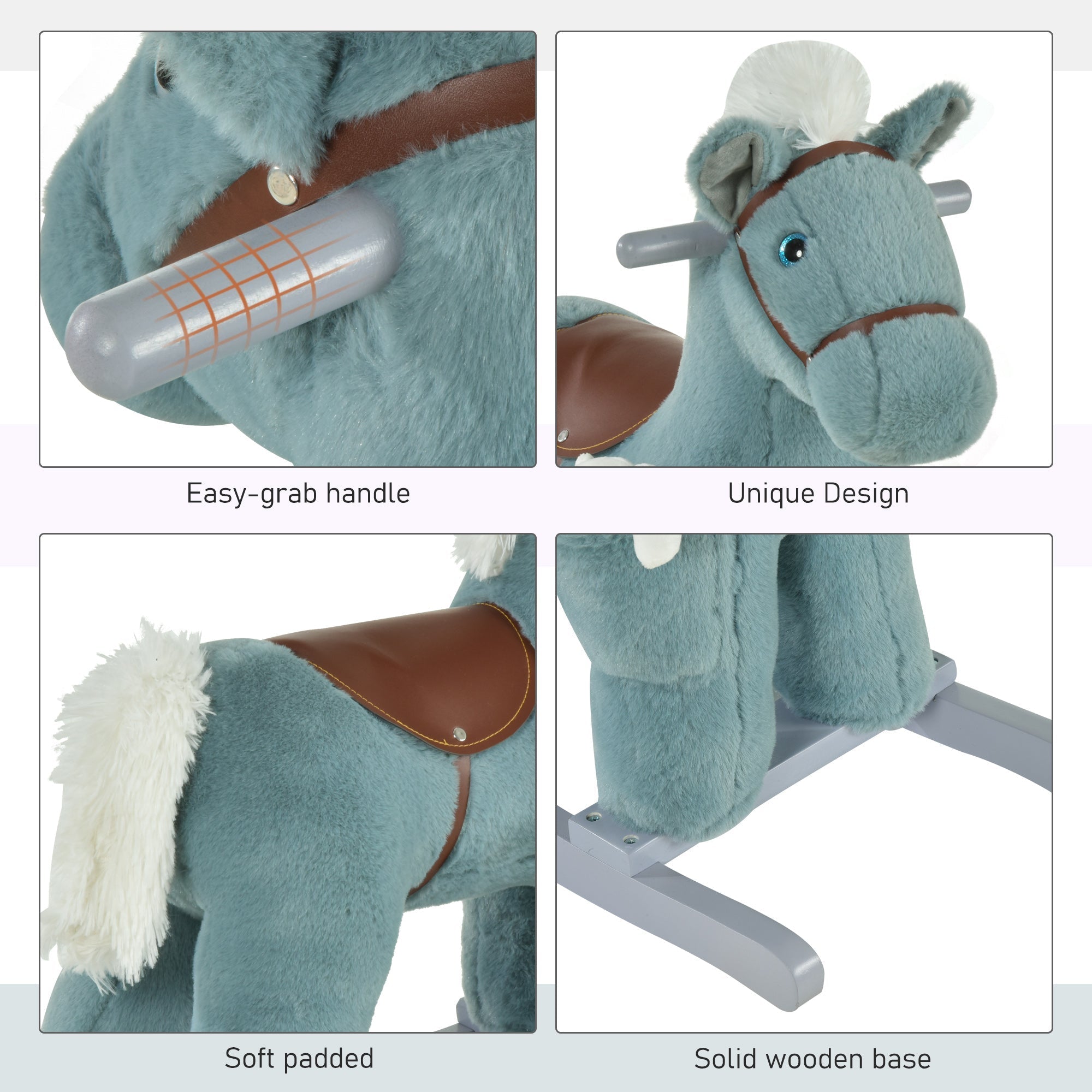 Teal plush rocking horse with brown leather saddle and easy-grab handle for kids to sit comfortably and enjoy realistic sounds