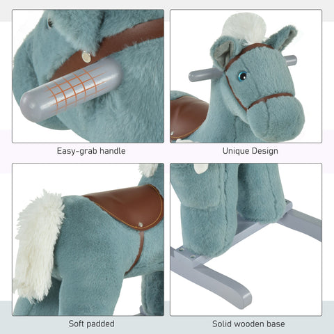 Teal plush rocking horse with brown leather saddle and easy-grab handle for kids to sit comfortably and enjoy realistic sounds