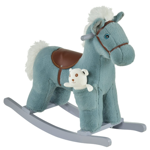 A teal plush rocking horse with brown saddle and white fur mane lets kids sit comfortably and enjoy realistic sounds