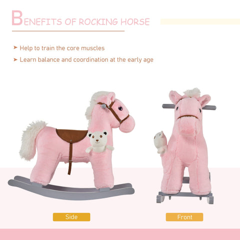 Pink homcom kids plush rocking horse with brown saddle and white fur mane lets toddlers sit comfortably and enjoy realistic sounds