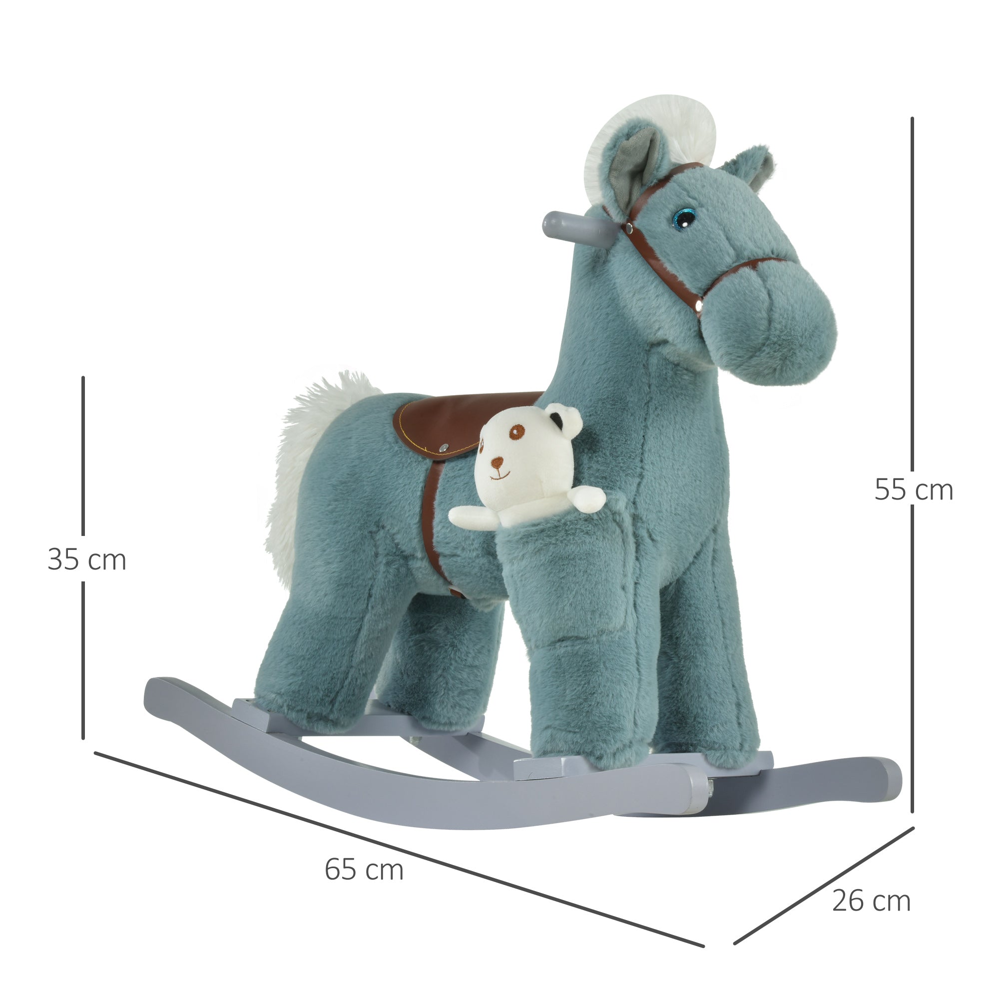 Teal plush rocking horse with brown leather saddle and white stuffed bear lets kids sit comfortably with realistic sounds