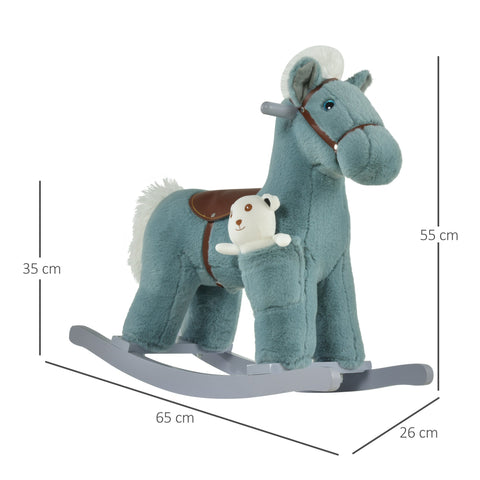 Teal plush rocking horse with brown leather saddle and white stuffed bear lets kids sit comfortably with realistic sounds