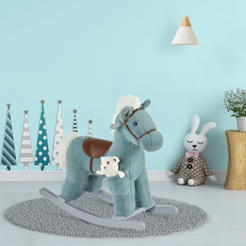 Homcom kids plush teal rocking horse with brown saddle and white mane lets kids sit comfortably and enjoy realistic sounds