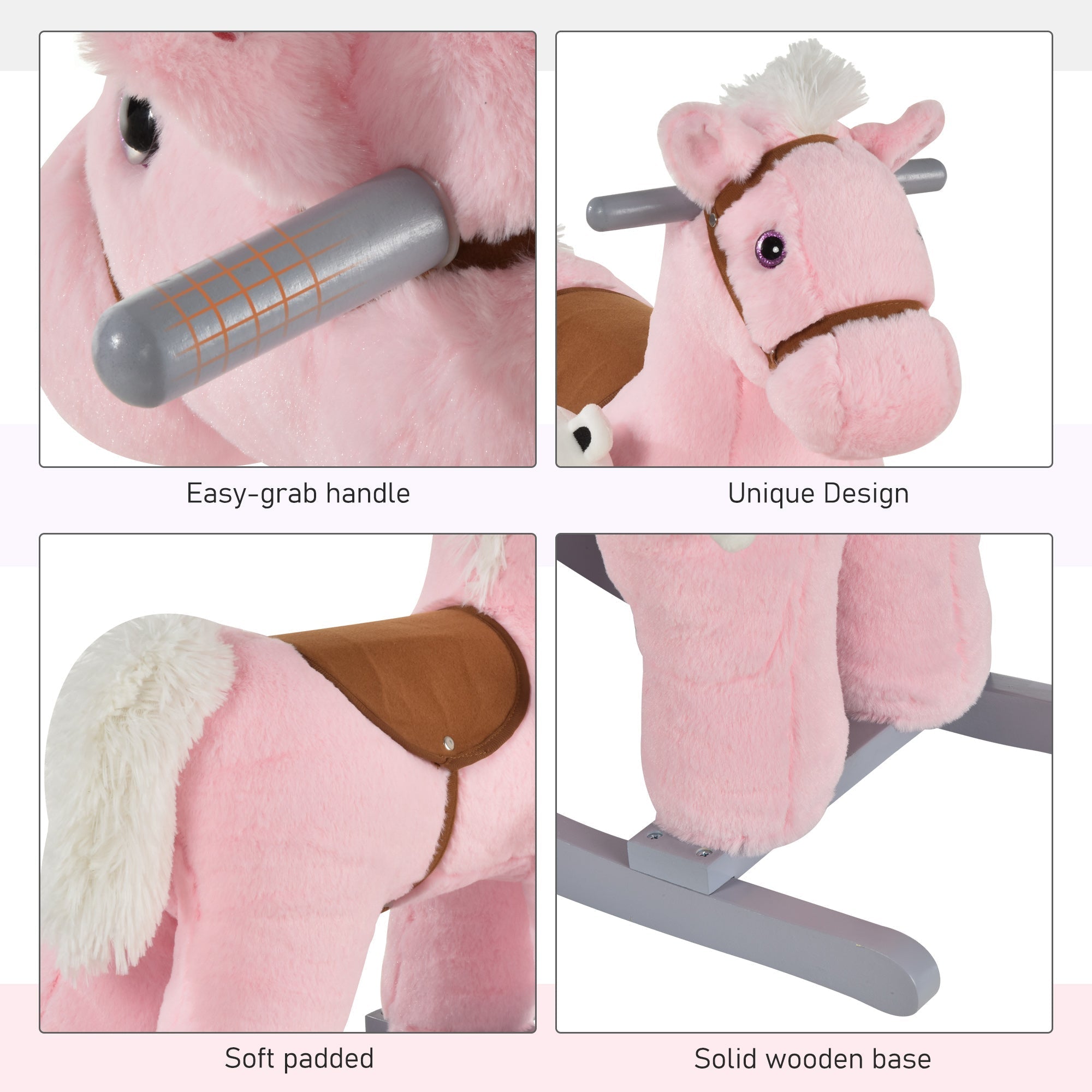 Pink homcom rocking horse plush toy with gray handle brown saddle and white mane for kids to sit comfortably