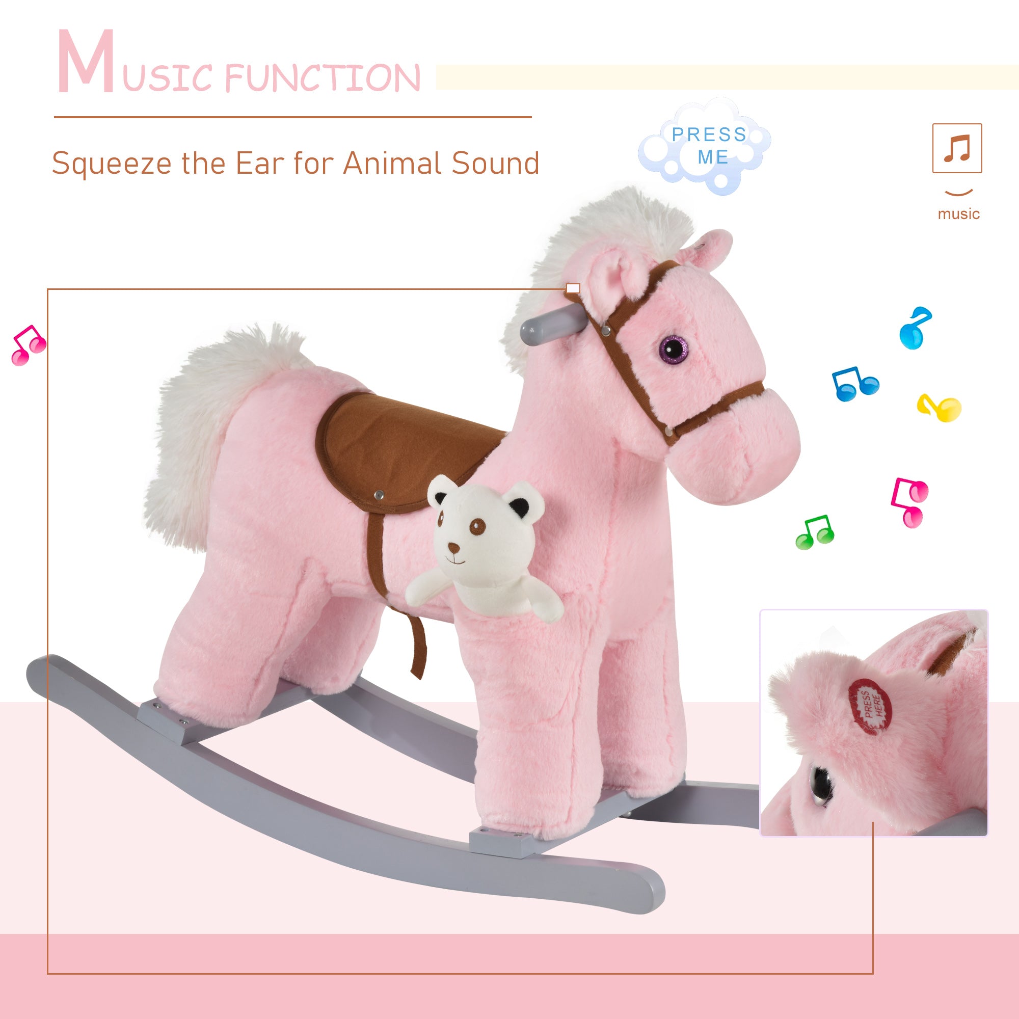 Pink homcom plush rocking horse with brown saddle and white teddy bear lets kids sit comfortably and enjoy realistic sounds