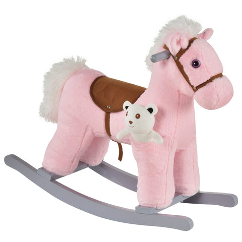 Pink HOMCOM kids plush rocking horse with white fur mane, brown saddle, and attached teddy bear for kids to sit comfortably