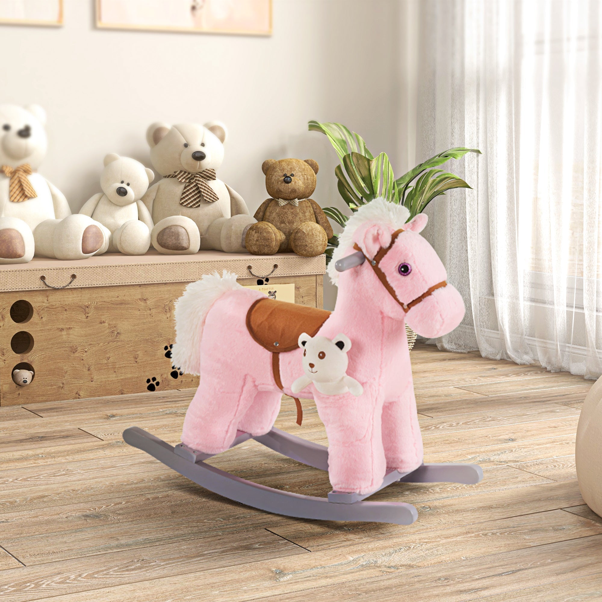 Pink homcom kids plush rocking horse with brown saddle white fur mane and teddy bear to sit comfortably and rock