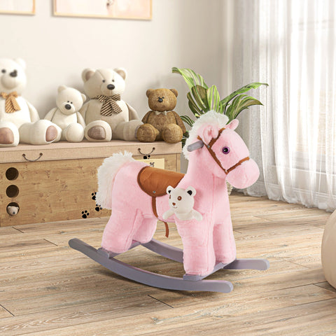 Pink homcom kids plush rocking horse with brown saddle white fur mane and teddy bear to sit comfortably and rock